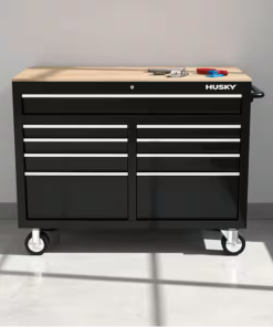 46 in. W x 24.5 in. D 9-Drawer Gloss Black Deep Tool Chest Mobile Workbench with Hardwood Top and Power Station