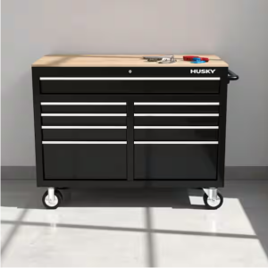 46 in. W x 24.5 in. D 9-Drawer Gloss Black Deep Tool Chest Mobile Workbench with Hardwood Top and Power Station